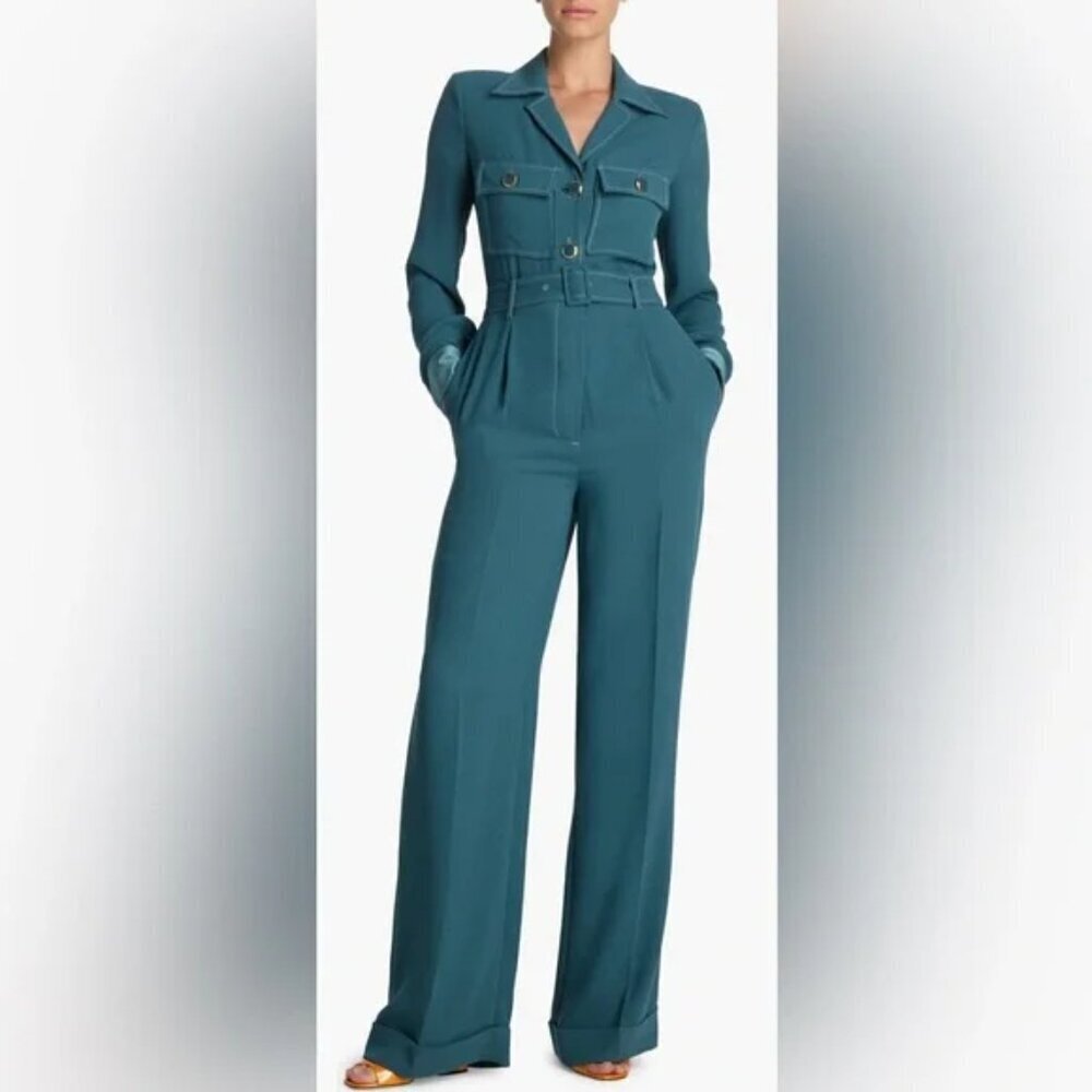 St. John Long Sleeve Satin Back Crepe Jumpsuit in Prussian Blue. Sz: 6